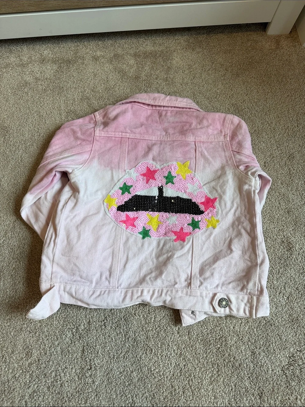 Lola + The Boys Pink Ombre Denim Jacket with Sequin Lip & Stars